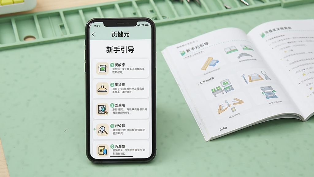 图片生成占位符:主体:手机屏幕显示“贡健元”的帮助页面,上面有图文教程列表,配有小图标。布局:手机居中,背景是浅绿色工作台,旁边放着一本打开的说明书。排版:界面清晰,标题为“新手引导”,每个条目有编号。风格:教育风格、简洁,画质干净,无多余元素。