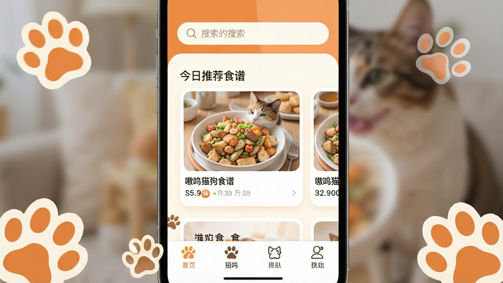 һ���ֻ���Ļ��д����Ļ��������ʾ�����è��ʳ�ס�App�����棬���沼�ּ�����ˣ����������������м�չʾ�����Ƽ�ʳ�׿�Ƭ���ײ����ĸ�����ѡ����������ִ����£���ů��ɫ�ͳ�ɫΪ��ɫ�������ʸɾ��޶���Ԫ�أ��ֻ���Χ��׺èצ�͹�צͼ���������黯��ͻ��App���ݣ�ͼƬ�����ֱ�����ʾ�����è��ʳ�ס�