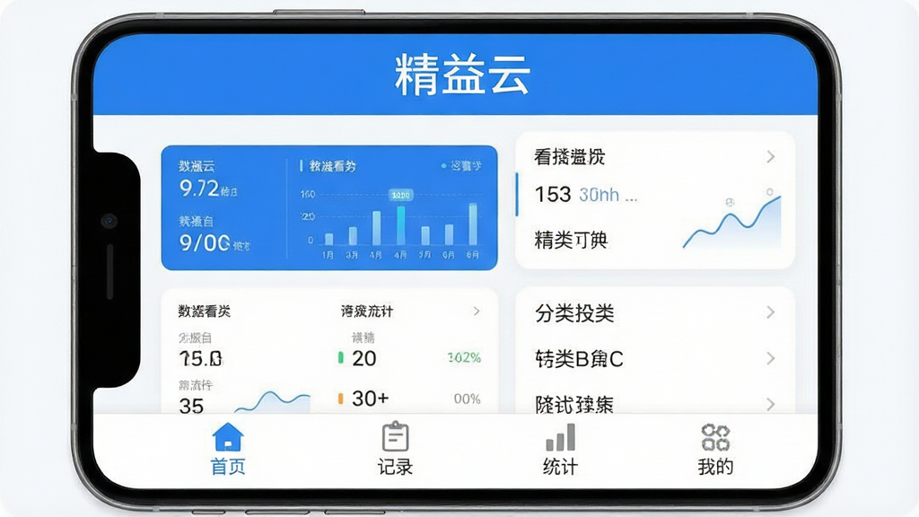 һ��չʾ������APP���Ľ���ĸ����ͼ���������ֻ���Ļ�ڵ�Ӧ�������棬�����������Ϸ���ʾ�������ơ������֣��м�Ϊ�������ݿ���������б����ײ�����������ҳ����¼��ͳ�ơ��ҵ��ĸ�ѡ����������������ɫ����ƽ����Ʒ��ϸ��Բ�󣬻��ʸɾ��޶���Ԫ�ء�