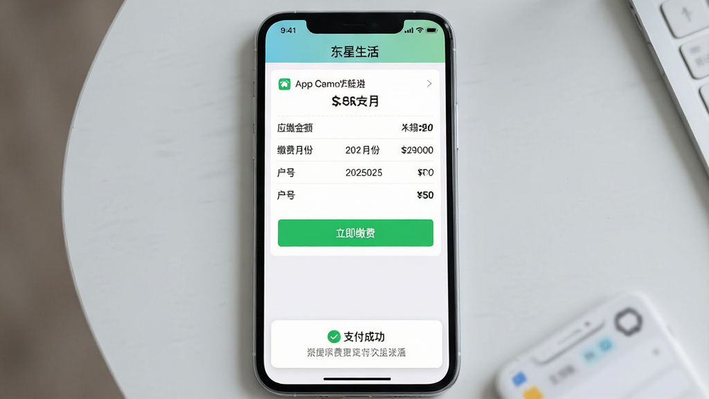 һ��չʾ���������APP��ҵ�ɷѹ��ܵĽ�ͼ���ͼƬ���ֻ���Ļ������ʾһ��ˮ��ѵ��˵����飬������Ӧ�ɽ������ɷ��·ݡ��������š�����Ϣ���·��С������ɷѡ�����ɫ��ť����Ļ�ײ��С�֧���ɹ�������ʾ����������Ϊ����ǳ��ɫ���棬�ֻ���Ļ�������������沼�ֹ�����ɫ�ʴ������ʣ����дʵ��