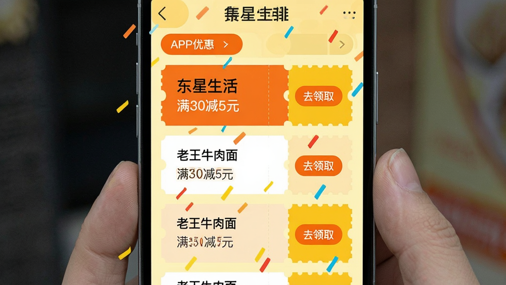 һ��չʾ���������APP�ܱ��̼��ŻݵĽ���ͼƬ����Ļ�������б���ʽչʾ��ҵ��̵��Ż�ȯ��Ƭ��ÿ�ſ�Ƭ�����������ƣ��硰����ţ���桱�����Ż����ݣ��硰��30��5Ԫ�����Լ���ȥ��ȡ����ť�����������죬�г�ɫ�ͻ�ɫ�Ĵ���ɫ���׺�����ʸɾ�������Ϊǳ��ɫ��