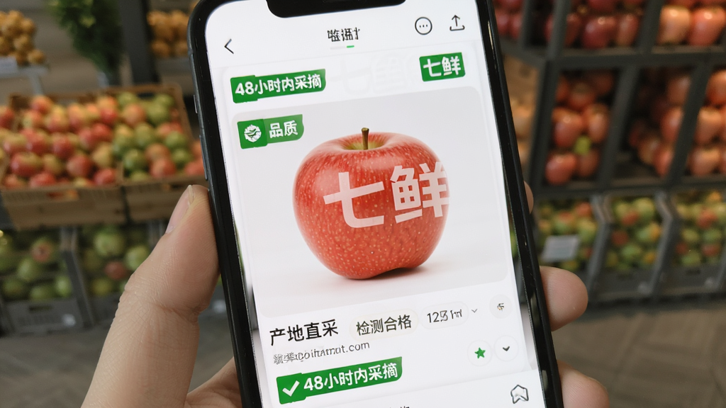 ����App����Ʒ����ҳչʾ���ֻ���Ļ��ʾһ��ƻ������Ʒҳ�棬�����С����ʡ�ˮӡ��ҳ��������չʾ������ֱ�ɡ��������ϸ񡱡���48Сʱ�ڲ�ժ����������������ɫ��Ʒ����֤��ǩ��������������Ű����࣬���ʸɾ��޶���Ԫ�ء�
