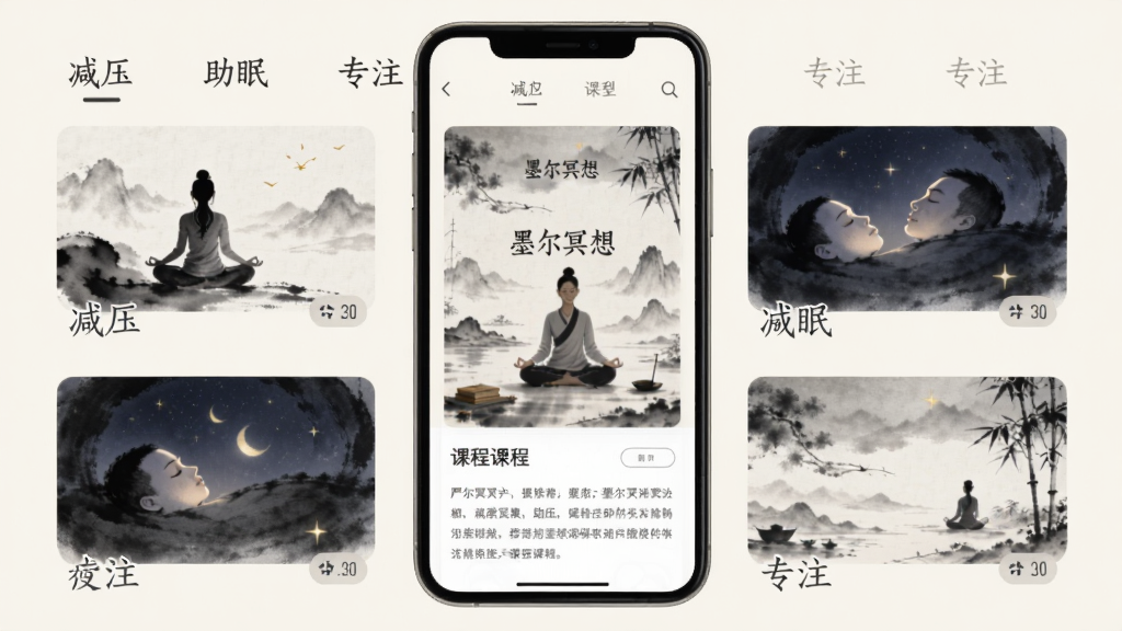 չʾī��ڤ��app�ڵĿγ��б�ҳ�棬�ֻ���Ļ��ʾ�����ǩ����ѹ���������ߡ�����רע����ÿ�ſγ�����ˮī��������ͼ��ʱ����ǩ�������ǵ��ŵ��װ�ɫ���м��С�ī��ڤ�롱�Ŀγ�����ҳ���Ű����룬���ʸɾ��޶���Ԫ�ء�