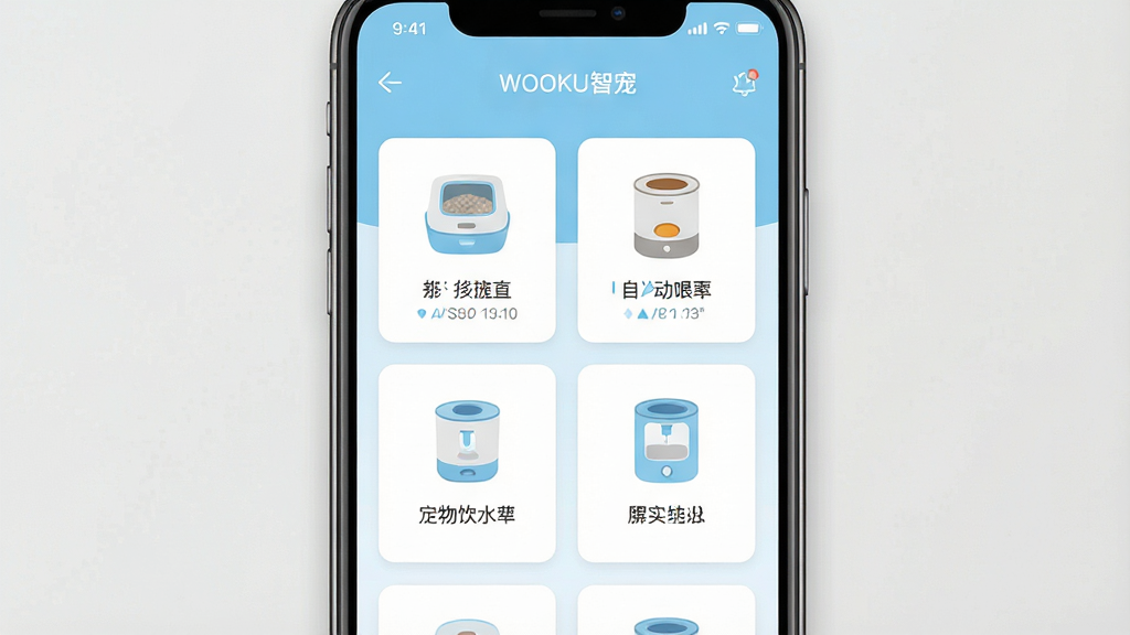 һ�Ÿ����ӽǵ����ܼҾӿ��ƽ����ͼ�����������ǡ�WOOKU�ǳ衱App���豸����ҳ�棬��С��Ƭ��ʽ����չʾ����èɰ�衢�Զ�ιʳ����������ˮ����ʵʱ״̬ͼ�꣬�������ƽ���£���ǳ��ɫΪ��ɫ�������ֱ�ǩ���������ʸɾ��޶���Ԫ��