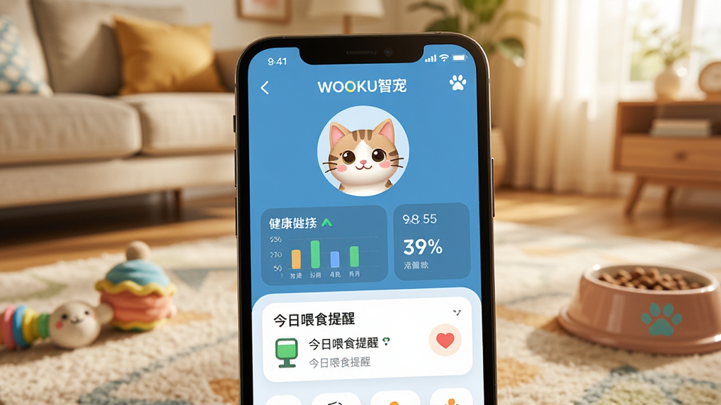 һ��չʾ�����ֻ���Ļ����д����Ļ��������ʾ��WOOKU�ǳ衱App�������棬����һֻ�ɰ���è��ͷ�񡢽�������ͼ���ͽ���ιʳ���ѿ�Ƭ����������ܰ�����Ŀ������ֻ���Χɢ���ų�����ߺ�ʳ�裬���廭����ůдʵ�����ʸɾ��޶���Ԫ��