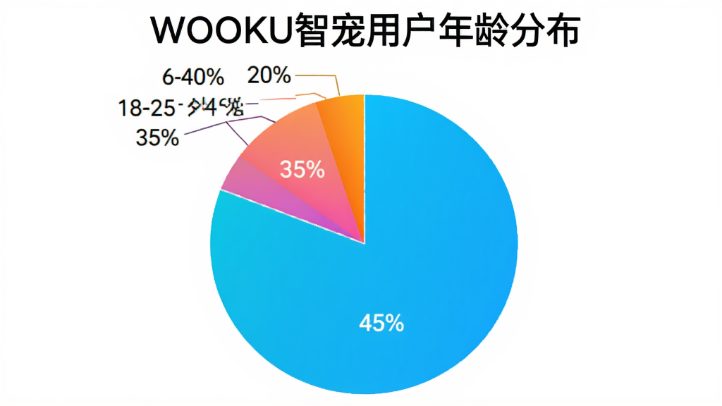 һ�ű�״ͼ������Ϊ��WOOKU�ǳ��û�����ֲ�����ͼ����ʾ18-25��ռ35%��26-40��ռ45%��41-60��ռ20%����ɫ����������ͼ������Ϊ��ɫ�����ʸɾ������޶���Ԫ��