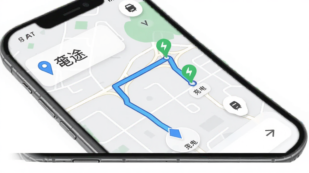 һ��չʾ�µ�;APP�������ܵ��ֻ���ͼ���ֻ���Ļ��ʾ�ӵ�ǰλ�õ����׮��·�߹滮����ͼ���������������ɫ·�ߺ���ɫ���׮��ǣ��������ɾ���ˬ��