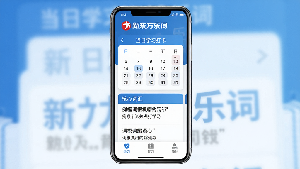һ���ֻ�Ӧ�ý���ĸ�������ͼ���������¶����ִʵ�App���棬������ɫ�Ͱ�ɫΪ��ɫ��������ɾ������������ϣ��������¶����ִʵ�����Logo���м�չʾ����ѧϰ�������ͺ��Ĵʻ㿨Ƭ���ײ���ѧϰ����ϰ���ҵ���������ѡ�������������죬��ƽ����ƣ�ϸ����ͻ������ʹʸ���׺��չʾ�����ʸ��壬�޶���Ԫ�أ����崫���רҵ����Ч��ѧϰ��Χ��