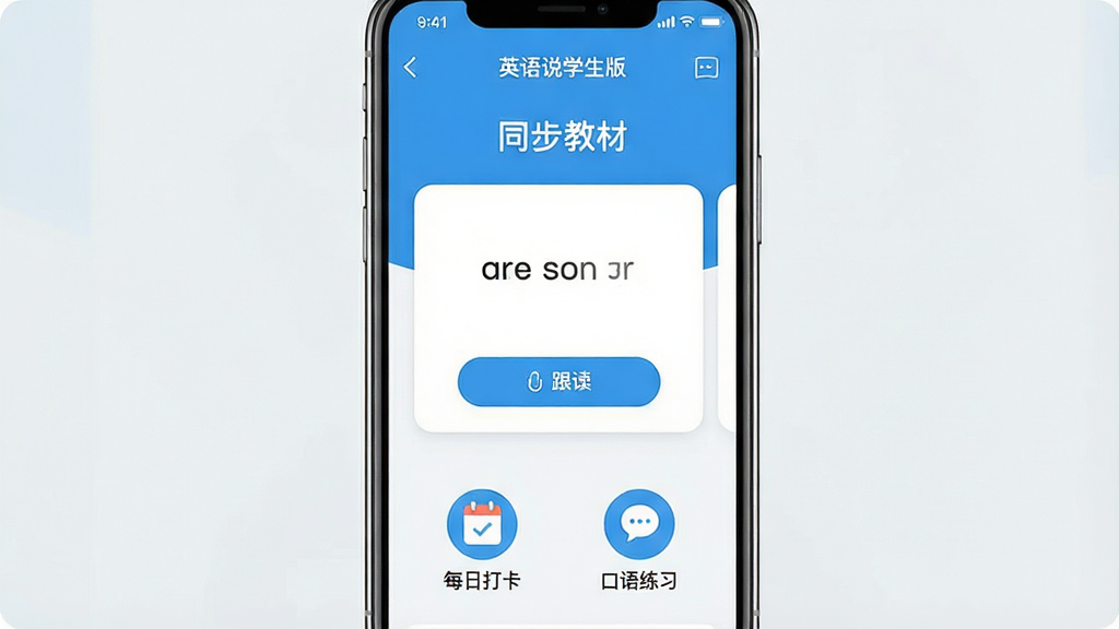 һ�������ֻ���Ļ��д����Ļ����ʾ��Ϊ��Ӣ��˵ѧ���桱��APPѧϰ���棬��ɫ��Ϊ���µ���ɫ�Ͱ�ɫ�����涥����ʾ��ͬ���̲ġ��������м��ǵ��ʿ�Ƭ�͸�����ť���·��ǡ�ÿ�մ򿨡��͡�������ϰ��ͼ�ꡣ�������ֻ���APP���棬���־��У��Ű��࣬����ִ���ƽ��ϸ�ڰ������������ֱ�ǩ�����ʸɾ��޶���Ԫ��