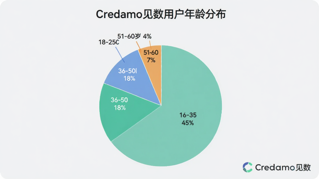 ��ʾһ����״ͼ������Ϊ��Credamo�����û�����ֲ���������18-25��ռ35%��26-35��ռ40%��36-50��ռ18%��51-60��ռ7%��ͼ����ɫ���£�����Ϊǳ��ɫ��������Credamo������Logo��