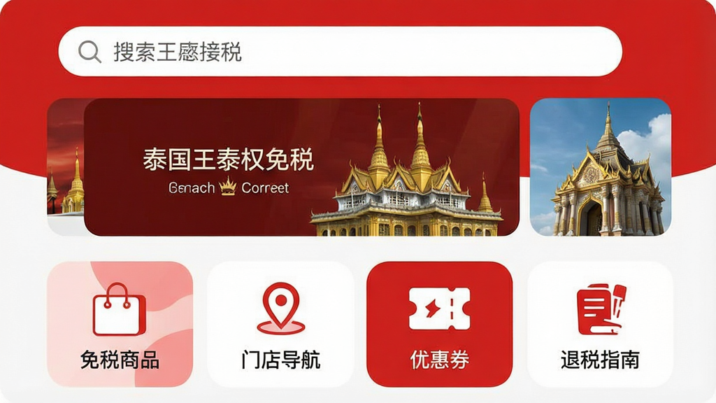 һ�Ÿ����ֻ���ͼ��չʾ��̩����Ȩ��˰��App����ҳ���棬�����Ƕ������������ֲ�banner���·��������Ĺ���ͼ�겼�֣���������˰��Ʒ�������ŵ굼���������Ż�ȯ��������˰ָ�ϡ���ģ�飬�������ִ���ƽ���Ժ��Ϊ��ɫ����ϸ��Բ�󣬻��ʸɾ��޶���Ԫ�ء�