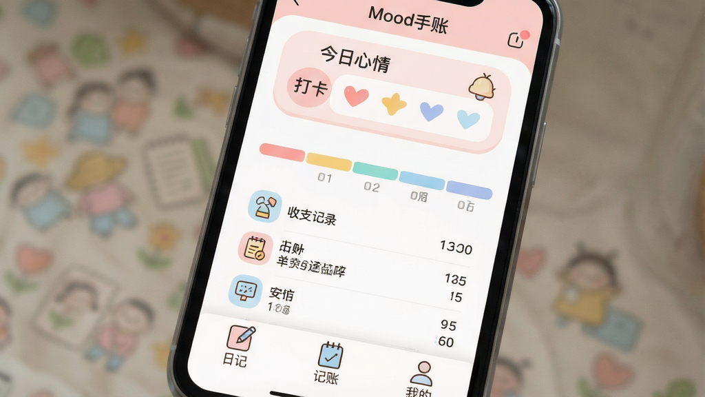 һ��չʾ�����ֻ���Ļ����д����Ļ����ʾ��Ϊ��Mood���ˡ���Ӧ�������棬���沼���������Ϸ��С��������顱�������м��ǲ�ɫʱ�������֧��¼�б����ײ��С��ռǡ��������ˡ������ҵġ�����ѡ�����������ܰ�ɰ�����ǳ�ۺ͵���ɫΪ��ɫ����ͼ��Բ�󣬲廭��װ�Σ����ʸɾ��޶���Ԫ�ء�