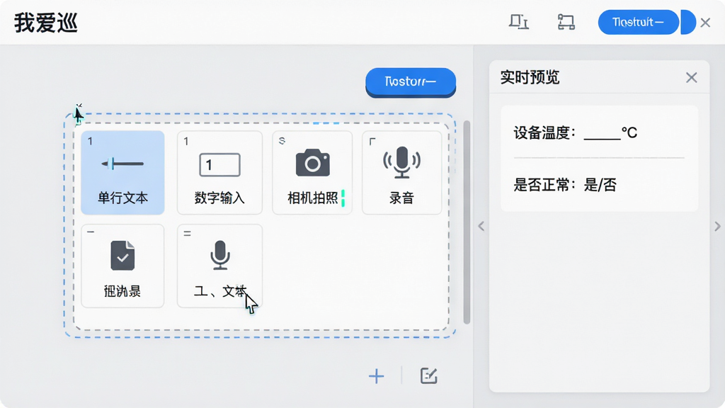����չʾͼ������Ϊ���Ұ�Ѳ�������༭���棬��������ק�ؼ��⣬�С������ı��������������롱����������ա�����¼������ͼ�꣬�Ҳ���ʵʱԤ��������ʾһ�����С��豸�¶ȣ�____�桱�͡��Ƿ���������/�񡱵�ʾ������������UI����ǳ��ɫ��������ɫ������ť�������רҵ��ϸ���й����˸�����߿���ʾ�����ʸɾ����޶���Ԫ��