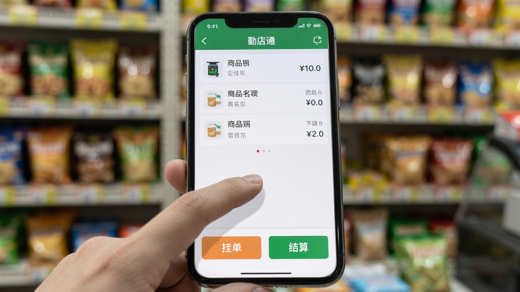 一张特写图片,画面中一只手正在点击手机屏幕上的“勤店通”收银界面,屏幕下方有“挂单”和“结算”按钮,上方显示商品名称和价格列表,背景是模糊的小卖部货架,手机界面清晰,浅色背景,细节丰富,画质干净无多余元素。