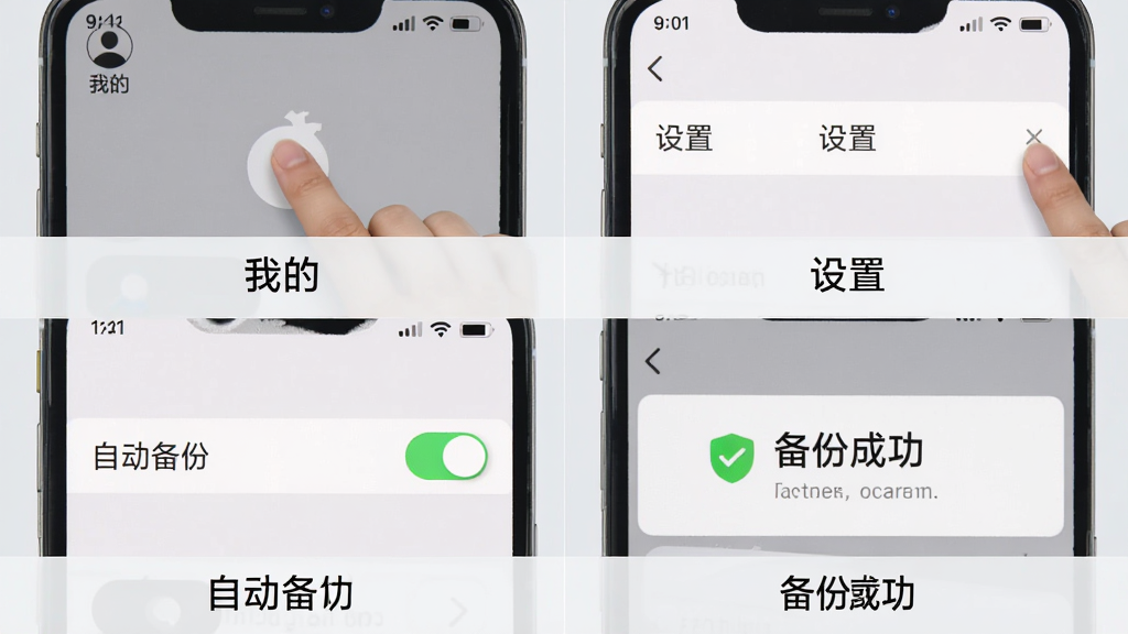 一张手机操作教程风格的四宫格拼图,左上格是点击“我的”图标,右上格是点击“设置”按钮,左下格是打开“自动备份”开关,右下格是显示“备份成功”的提示,每格下方有对应的简短文字说明,整体排版整齐,背景为浅灰纯色,画质干净无多余元素。