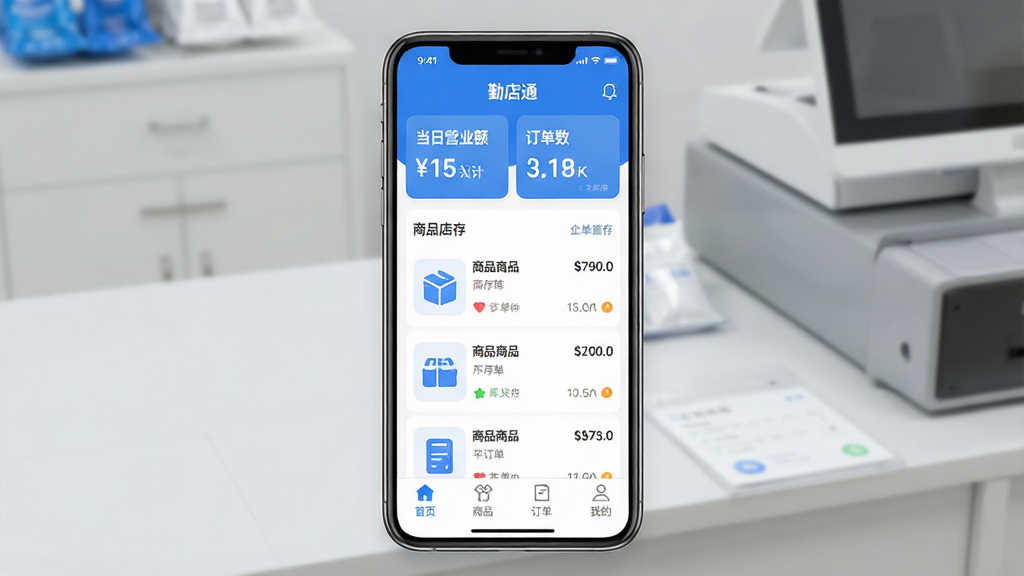 一张手机应用商店风格的图片,画面中央是一部智能手机,屏幕显示“勤店通”主界面,界面顶部是店铺当日营业额和订单数统计卡片,中间是清晰的商品列表和库存提示,底部有“首页”、“商品”、“订单”、“我的”四个标签栏,整体UI设计简洁现代,以蓝白为主色调,图标圆润,背景是浅灰色的店铺收银台场景,画质干净清晰,无多余文字和元素。