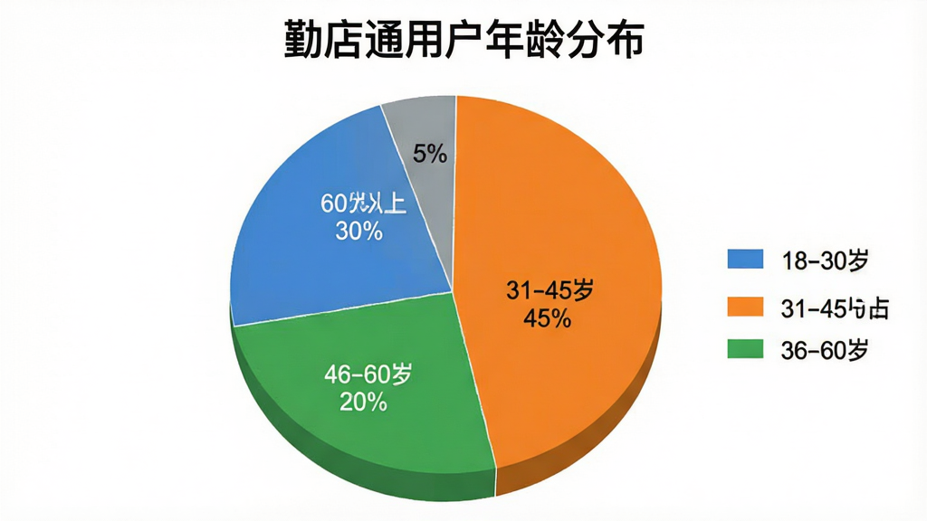 一张饼状图风格的图表,标题为“勤店通用户年龄分布”,图中分为四个色块,分别是蓝色代表18-30岁占30%,橙色代表31-45岁占45%,绿色代表46-60岁占20%,灰色代表60岁以上占5%,图例清晰,背景为白色,画质干净简洁。