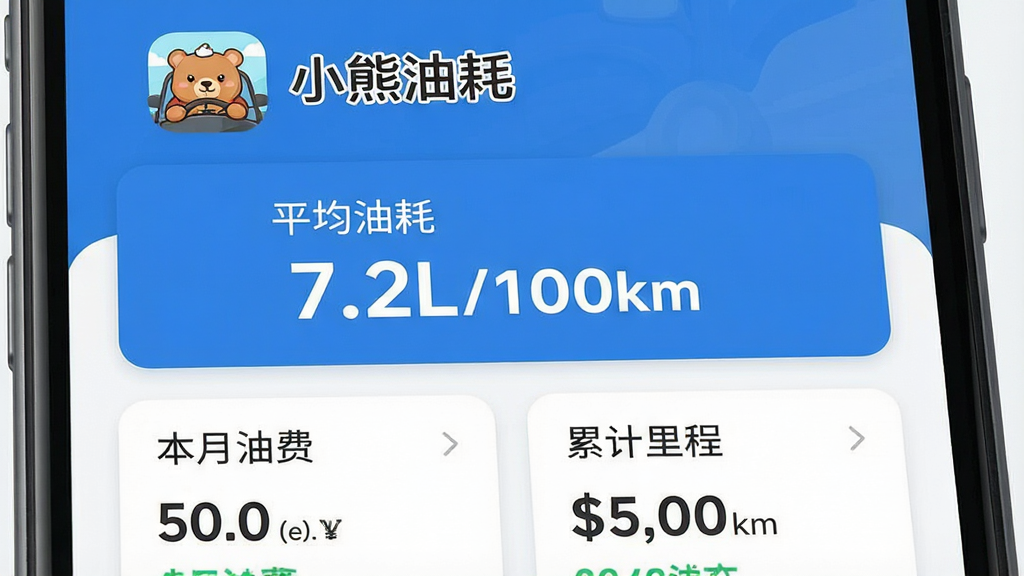һ���ֻ�Ӧ�ý���ĸ����ͼ�������ǡ�С���ͺġ�APP����ҳ���������ֲ��ÿ�Ƭʽ��ƣ�������ʾ��С���ͺġ����ֱ����һ����ͨС�ܼ�ʻ������ͼ�꣬�м���Ŀ��չʾ�š�ƽ���ͺ� 7.2L/100km�������ֿ�Ƭ���·��ǡ������ͷѡ��͡��ۼ���̡���ͳ��ģ�飬�����Ű�������������ƽ����������Ϊ��ɫ����ϸ��Բ�󣬻��ʸɾ����޶���Ԫ�ء�