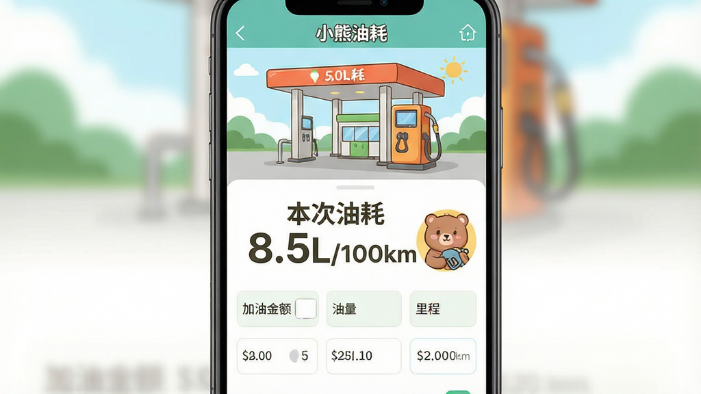 һ���ֻ�������ʾͼ�������ǡ�С���ͺġ�APP���ͺļ�¼ҳ�棬���������½ṹ���֣�������һ������վ���͵Ŀ�ͨ�廭���м��ǡ������ͺ� 8.5L/100km������Ŀ���֣������С����ͽ�����������������̡���������ʾ�����ݵ�������Ű����������������Ȼ��ϸ�ڰ���һ��С��������ǹ��ͼ�꣬���ʸɾ����޶���Ԫ�ء�