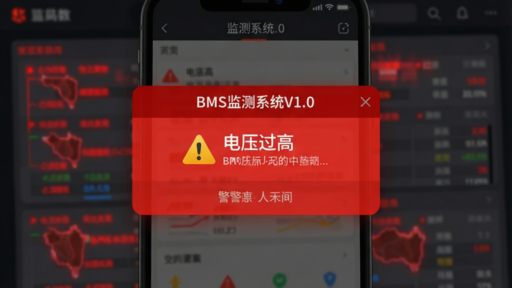 һ�Ÿ澯����ʾ��ͼ���������ֻ���Ļ�ϡ�BMS���ϵͳV1.0�������ĺ�ɫ���浯�����������С���ѹ���ߡ��������;�ʾ����ͼ�꣬���������ϵ��������ֱ�첢��˸�����岼�־۽��������Ű�ͻ��������Ϣ���������Ӿ��������ϸ�ڰ���ģ������ɫ������ͻ�����������ʸɾ��޶���Ԫ�ء�