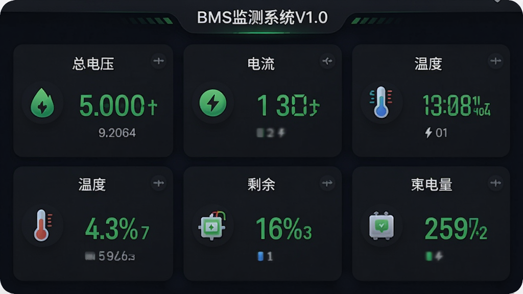 һ�Ź��ܽ����ͼ�������ǡ�BMS���ϵͳV1.0����ʵʱ������壬������ɫ��������������ɫ���ֺͰ�ɫ��ǩչʾ���������ܵ�ѹ�����������������¶ȡ�����ʣ��������Ȳ�����ÿ�������Ա��������ͼ�꣬���ֳ��������У��Ű����룬���Ϊ�ִ���UI��ƣ�ϸ��Բ�󣬻��ʸɾ��޶���Ԫ�ء�