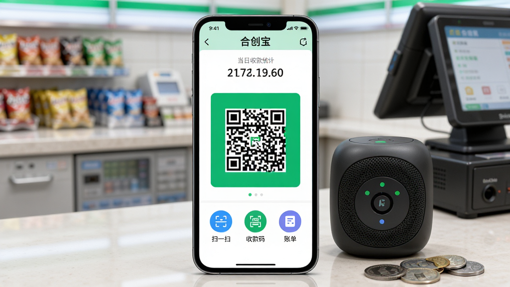 图片展示合创宝App在智能手机上运行的完整界面,手机屏幕中央显示醒目的绿色收款二维码,顶部有“合创宝”字样和当日收款统计数字,下方排列着“扫一扫”、“收款码”、“账单”等圆形图标,手机旁边放着收款音箱和零钱,背景是模糊的便利店收银台,整体风格写实明亮,画质干净无多余元素
