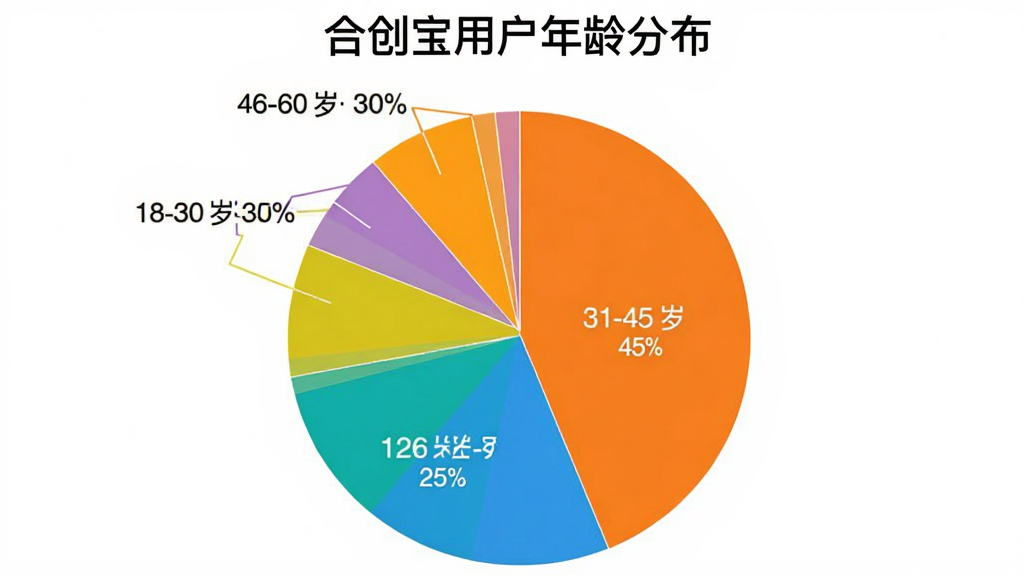 一张用户年龄分布饼状图,标题为“合创宝用户年龄分布”,图中显示18-30岁占25%,31-45岁占45%,46-60岁占30%,配色鲜艳,图表清晰,整体风格专业干净,画质清晰无多余元素