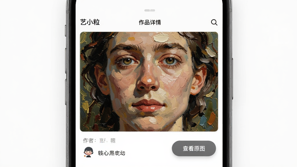 һ��չʾ����С����App��Ʒ����ҳ�Ľ��棬��Ļ����ʾһ��������ͻ���Ʒ�������·���������Ϣ�͡��鿴ԭͼ����ť��ҳ����Ƽ�࣬�ص�ͻ������ϸ�ڣ�����ϸ�壬����ִ����޶���Ԫ��