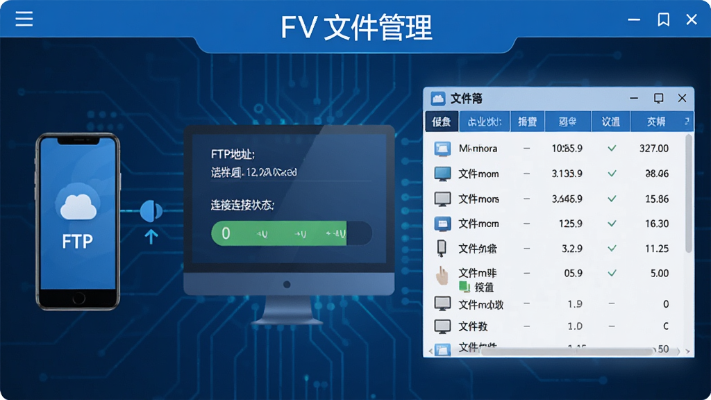 һ��չʾ��FV�ļ��������������ļ����书�ܵĽ�ͼ��������ʾ�ֻ���������ӵ�ʾ��ͼ������FTP��ַ������״̬���д����ٶȺ��ļ��б�չʾ�����Ƽ��У���ɫ�����������������ʸɾ���