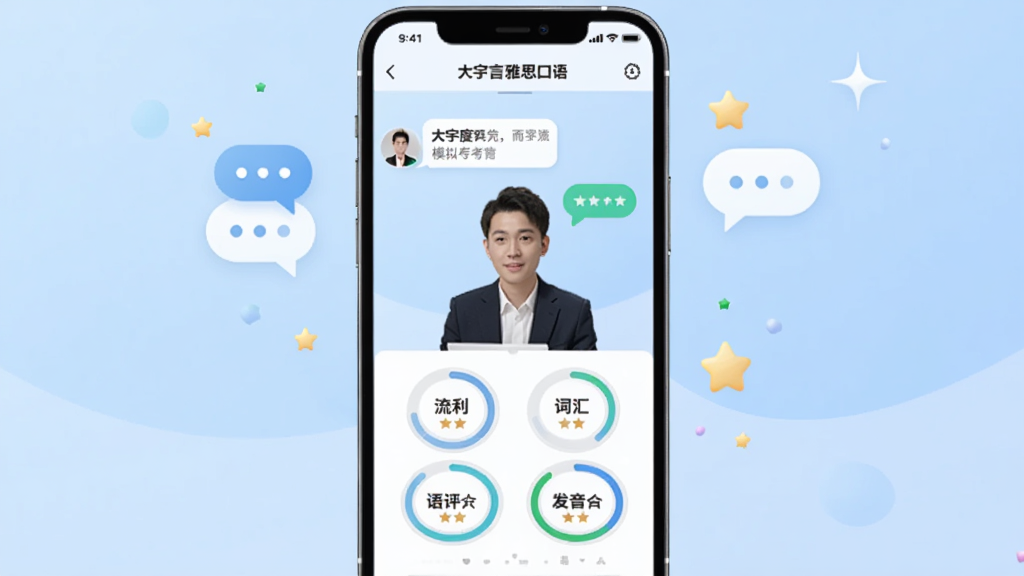 ͼƬչʾ��������˼����APP���������棬�ֻ����У���Ļ����ʾģ�⿼�ٶԻ��������·����ĸ�ά�ȵ����ֻ��������ȡ��ʻ㡢�﷨���������������ǵ���ɫ���䣬����һЩ�Ի����ݺ����ǵ�׺���������ִ���࣬���ʸɾ��޶���Ԫ��