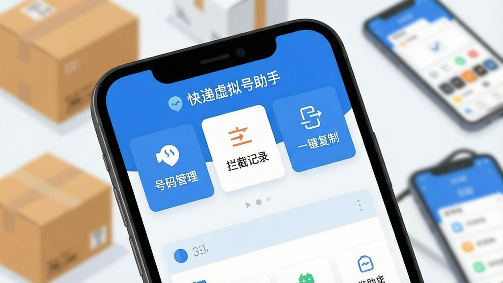 一张智能手机屏幕特写,手机屏幕中显示“快递虚拟号助手”APP的主界面,界面以蓝色和白色为主色调,顶部有“号码管理”、“拦截记录”、“一键复制”等清晰功能卡片,背景为模糊的快递包裹和手机元素,整体风格现代扁平,画质干净无多余元素