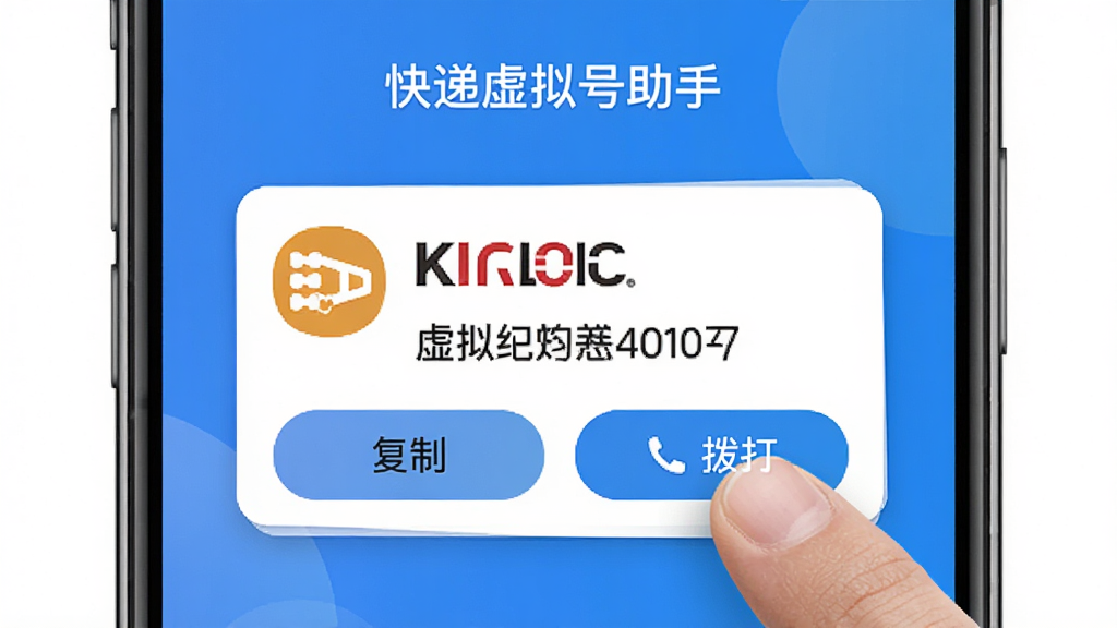 快递虚拟号助手APP的号码卡片操作界面,手指点击号码卡片弹出“复制”和“拨打”两个按钮,卡片上显示快递公司Logo和虚拟号码后四位,背景为简洁的蓝色渐变,整体风格清晰直观,画质干净