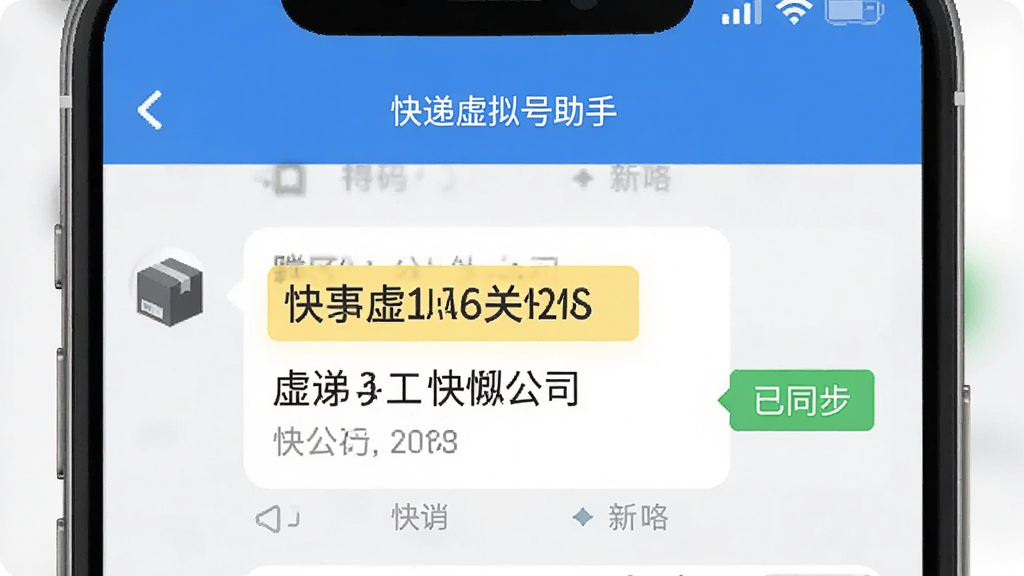 快递虚拟号助手APP的号码识别功能界面,屏幕展示一条快递短信被自动解析,高亮显示虚拟号码和快递公司名称,旁边有“已同步”绿色标签,界面简洁清晰,蓝白配色,扁平化设计,画质干净