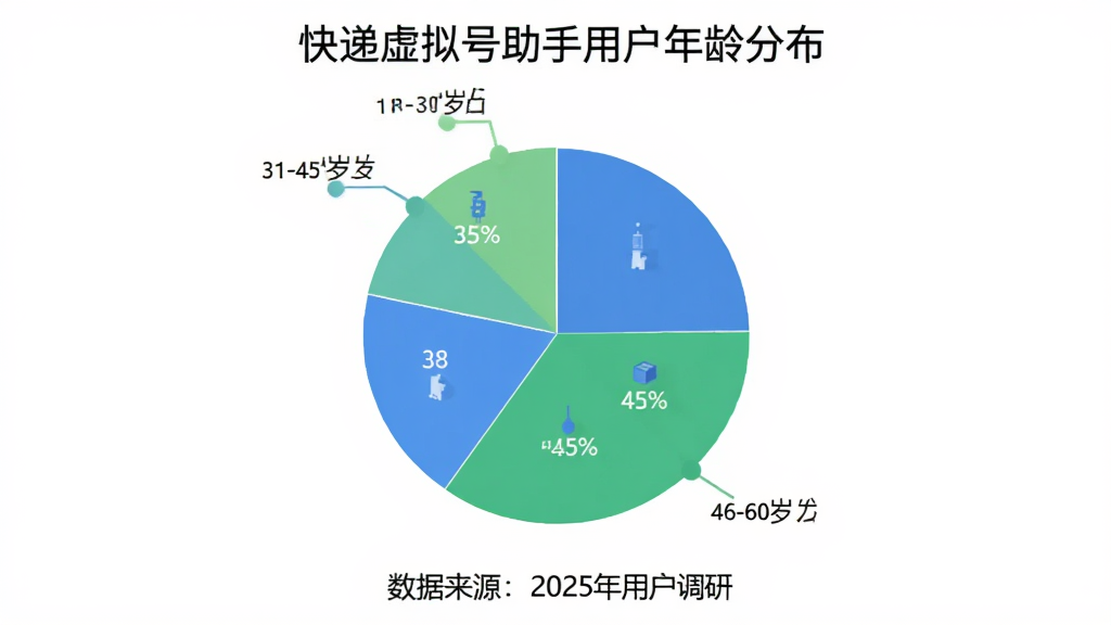 饼状图展示快递虚拟号助手用户年龄分布,18-30岁占35%,31-45岁占45%,46-60岁占20%,图表采用蓝色和绿色系,底部标注数据来源为2025年用户调研,风格简洁清晰,画质干净