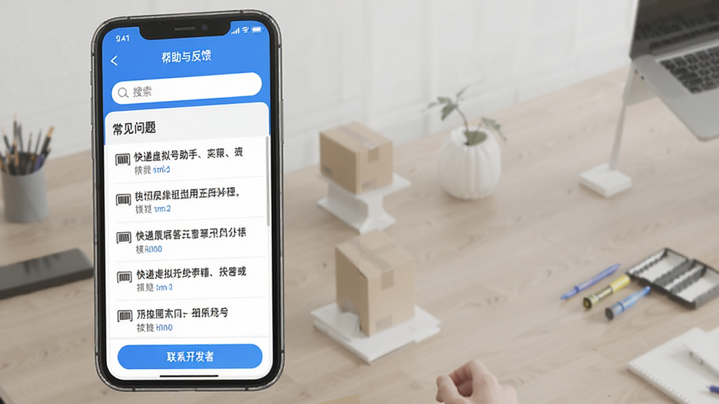 快递虚拟号助手APP的“帮助与反馈”界面,屏幕中显示常见问题列表,顶部有搜索框,底部有“联系开发者”按钮,界面简洁友好,蓝白配色,画质干净