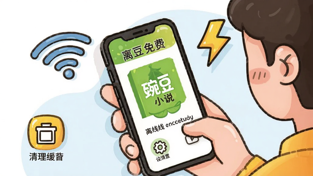 一幅“豌豆免费小说”使用场景的插画,主体是用户手握手机阅读,背景有WiFi和闪电图标表示离线与省电,布局生动,风格卡通,细节有清理缓存和设置图标,画质干净无多余元素