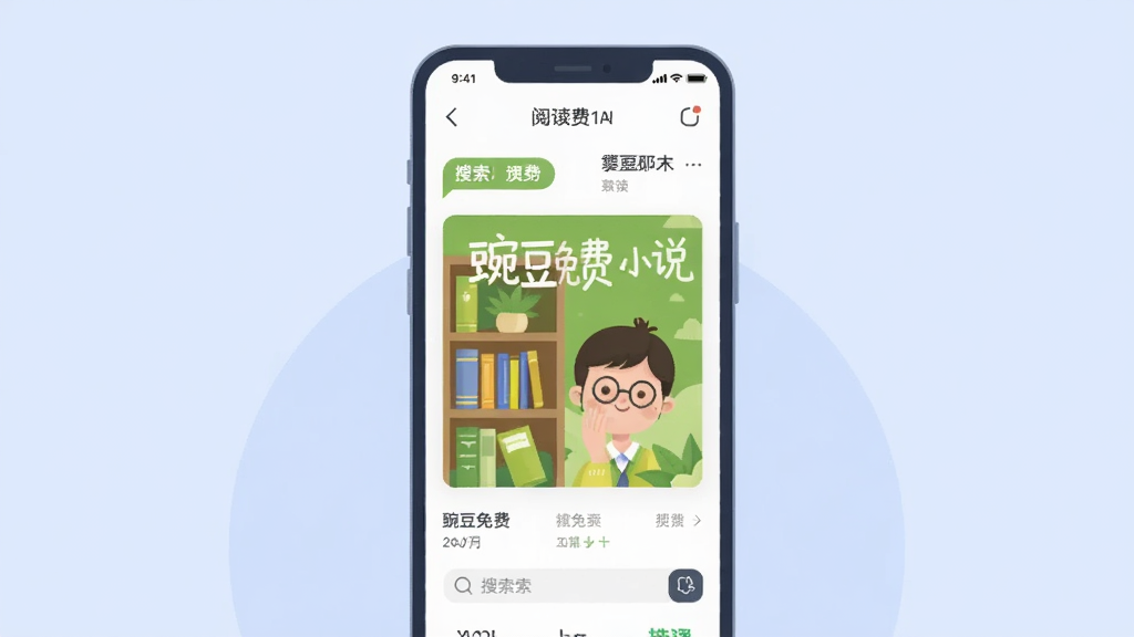 一幅现代扁平风格的插画,主体是手机屏幕展示“豌豆免费小说”的阅读界面,封面整洁,背景是柔和的淡蓝色,布局居中,文字标签清晰,细节包括书架和搜索框,画质干净无多余元素