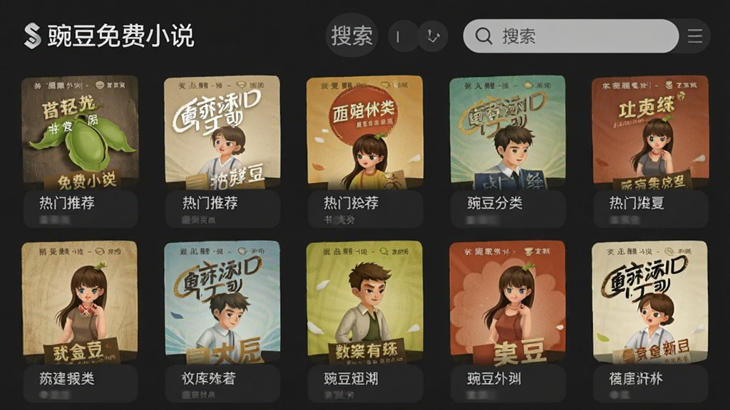 一张展示“豌豆免费小说”书库分类界面的插图,主体是手机屏幕显示多个小说分类标签,布局为网格状,排版整齐,风格简洁现代,细节有热门推荐和搜索栏,画质干净无多余元素