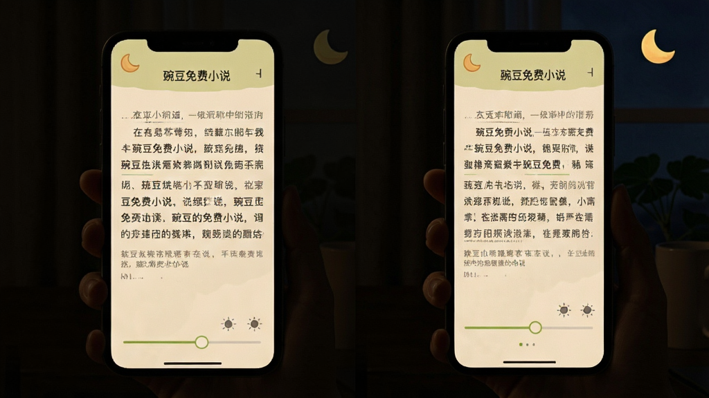 一幅“豌豆免费小说”夜间阅读模式的场景图,主体是手机在暗光环境下显示护眼阅读界面,布局简洁,文字清晰,风格温馨,细节有月亮图标和亮度调节条,画质干净无多余元素