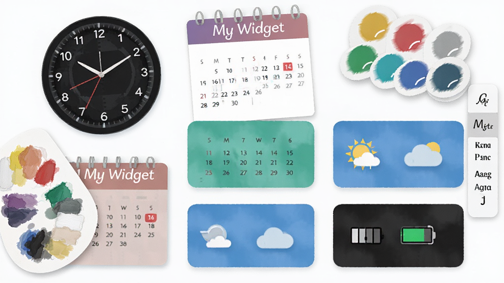 һ�Ÿ��ĵ����沼�����ͼ������ɢ���š�My Widget���Ķ�������زģ�������ͬ����ʱ�ӡ������������͵�����ʾ��Ƭ���Ա��е�ɫ������幤�ߣ�����ɫ�ʷḻ����г������ִ������ʸɾ��޶���Ԫ�ء�