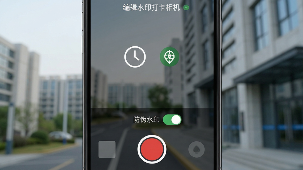 һ���ֻ���Ļ��ͼ��չʾ���༭ˮӡ�������APP��������棬����ײ��к�ɫ���Ű�ť�������Ϸ���һ������αˮӡ�������Ҵ��ڿ���״̬����Ļ������ʾһ��ʱ��ͼ���GPSͼ�꣬��ʾʱ��ص������������汳��Ϊ���⽨�������������������Ű�רҵ�����ʸɾ���ͻ��Ӧ�õİ�ȫ�ԺͿɿ��ԡ�