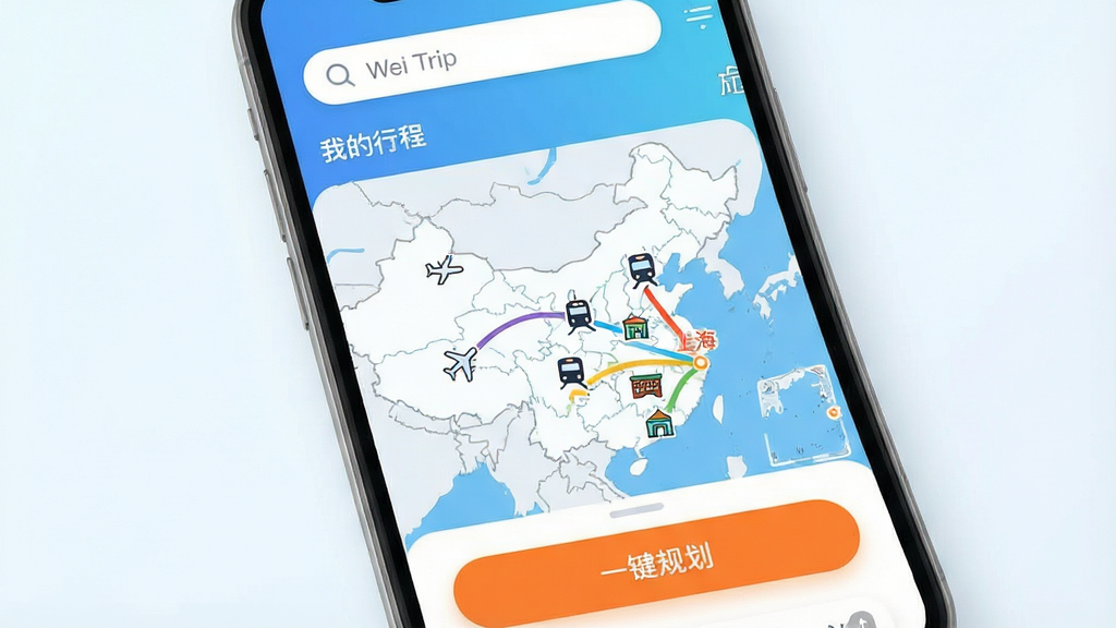 һ���ֻ���Ļ��ͼ����ʾWei Trip�������棬�����µ����׽���Ϊ��ɫ�����������������͡��ҵ��г̡��������м���һ���й���ͼ�������ò�ɫ������ע�˴ӱ������Ϻ����г�·�ߣ���;�зɻ����𳵡��Ƶꡢ�����Сͼ���׺���ײ�����Ŀ�ġ�һ���滮����ɫ��ť�������Ű�ɾ����࣬�ִ���ƽ����Ʒ�񣬽���ϸ��Բ����ͣ����ʸ��壬�޶���Ԫ�ء�