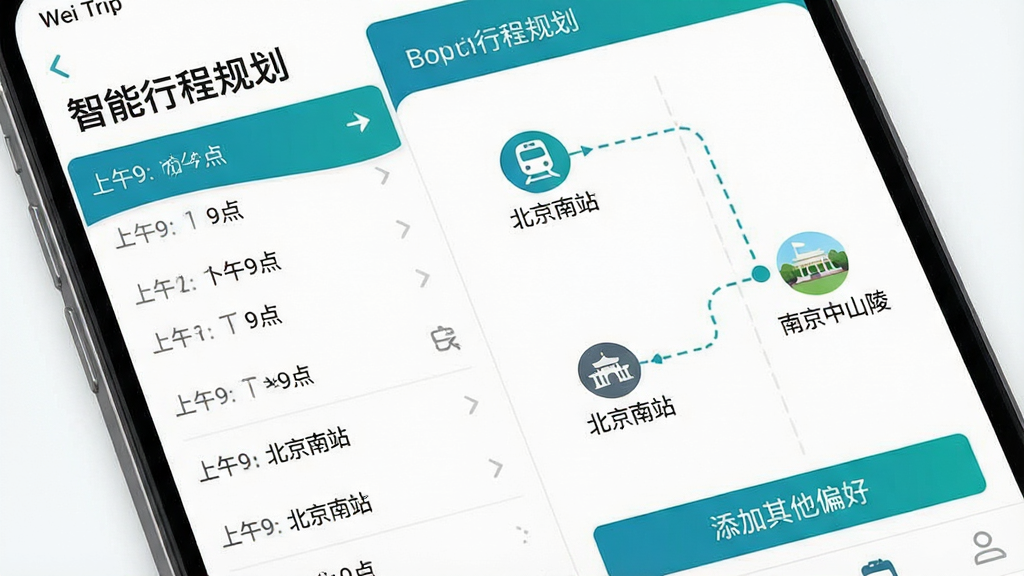 һ�������ֻ�������д��Wei TripӦ����չʾ�������г̹滮������ҳ�棬����������б����Ҳ���ʱ������ͼ��������������������9��ӡ�������վ�������ĸ���ͼ�꣬����1�㵽��Ͼ���ɽ�ꡱ�ľ���ͼ�꣬�����������ӣ��ײ��С���������ƫ�á��İ�ť�������԰�ɫΪ����������ɫ��׺���Ű��������߼�����ƽ��UI���ϸ�ڷḻ�����ʸɾ����޶���Ԫ�ء�