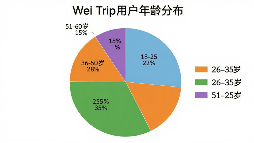 ��״ͼ������Ϊ��Wei Trip�û�����ֲ�������Ϊ�ĶΣ�18-25��ռ22%��26-35��ռ35%��36-50��ռ28%��51-60��ռ15%��ͼ����ɫ�ֱ�Ϊǳ������ɫ����ɫ����ɫ������Ϊ��ɫ�������������ۣ��޶���Ԫ�ء�