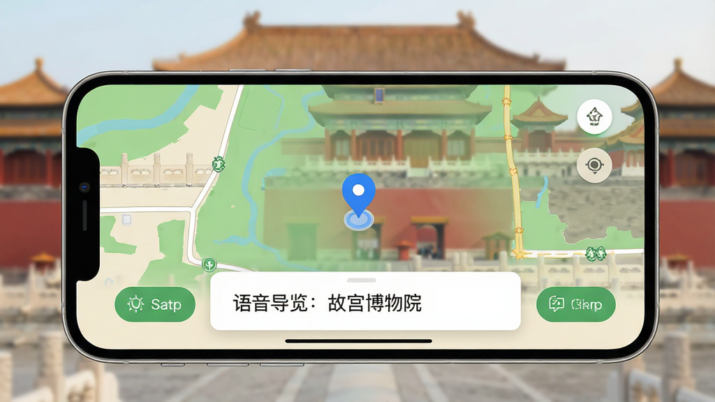 һ���ֻ�����ʹ�ó���ͼ���ֻ���Ļ��ʾWei Trip�����ߵ�ͼ���棬��ͼ�ϱ�ע��һ����ɫ��λ�㣬�·�������Ƭ��ʾ�������������ʹ�����Ժ����������ģ���Ĺʹ���ǽ�����������Ե�ͼ����ɫ����ɫΪ�������ܰ�ť���������ʵ�����ִ������ʸ��壬�޶���Ԫ�ء�