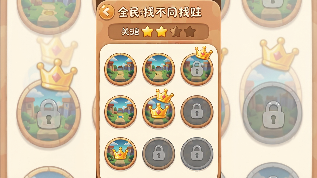 ��Ϸ�ؿ�ѡ�ؽ��棬����Ϊ��ȫ���Ҳ�ͬ�Ҳ硱��������ͼ��������ʾ�ؿ���ź��Ǽ����֣��·����������е�Բ�ιؿ�ͼ�꣬ÿ��ͼ���ϸ���һ��΢������ͼ����ͨ�ص�ͼ����н�ɫ�ʹڣ�δ�����ĳ��ֻ�ɫ��ͷ���������ůɫ����Բ�ǿ�Ƭʽ���֣����ɰ����Ű����������ʸɾ��޶���Ԫ�ء�