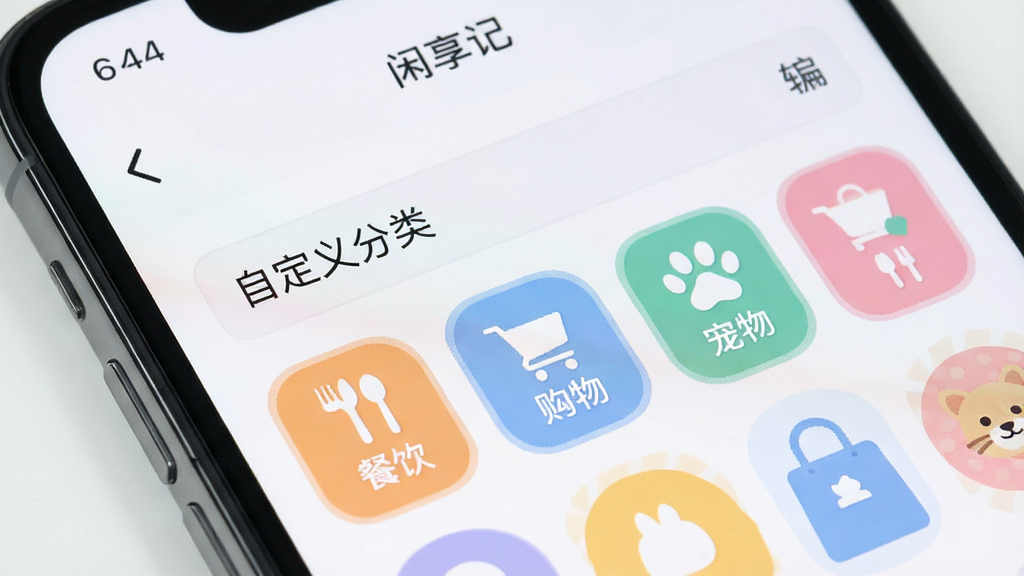 һ��չʾ�ֻ�App����ϸ�ڵ�ͼƬ����Ļ����ʾ�������ǡ��ķ������ҳ�棬�С��Զ�����ࡱ�ı༭���·��Ǹ��ֲ�ɫ��ǩʽ����ͼ�꣬�硰���������������������ȣ����沼����ˬ��ɫ����ͣ���ƽ����ƣ������������޶���Ԫ��