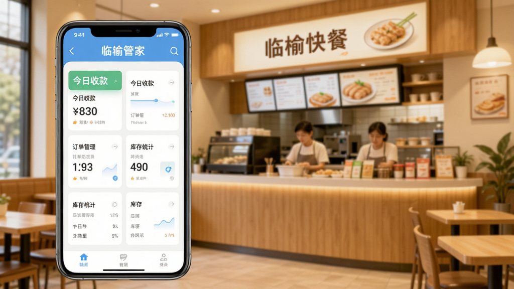 ͼƬչʾ���ܹܼ�APP���ֻ��ϵ������棬��������ܰ�����ܿ�͵꣬ǰ���ֻ���Ļ������ʾ�����ܹܼҡ�������������������տ�������������ͳ�Ƶ�ģ�飬����������࣬��ҵ���ϸ�ڸɾ��޶���Ԫ��