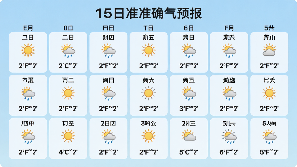 չʾ15��׼ȷ����Ԥ����15������ҳ�棬��������ʽ���֣�ÿ��һ�񣬰������ڡ�����ͼ����¶ȷ�Χ������Ϊǳ�����䣬��Ϣ�����׶��������ʵ�ã����ʸɾ��޶���Ԫ��