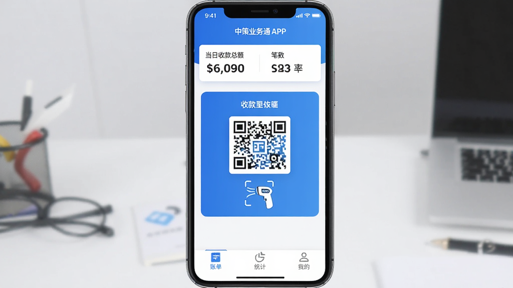 ͼƬչʾ�в�ҵ��ͨAPP���ֻ��ϵ������棬�����������Ϸ���ʾ�����տ��ܶ�ͱ������м�Ϊ��ɫ���տ��ά����ɨ��ǹͼ�꣬�ײ�������Ϊ�˵���ͳ�ơ��ҵģ��������ִ���ƽ��������Ϊ��ɫ������ɾ��޶���Ԫ�أ����ʸ��壬ͻ��������������ļ��רҵ�С�